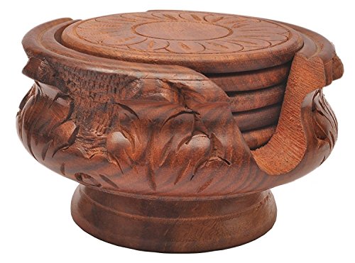 Handmade Wooden Tea Coaster Matka shape with Flower Carving Design Coaster Holder Brown Color Coffee Coaster - Protect Your Furniture from Stains Kitchen Accessories