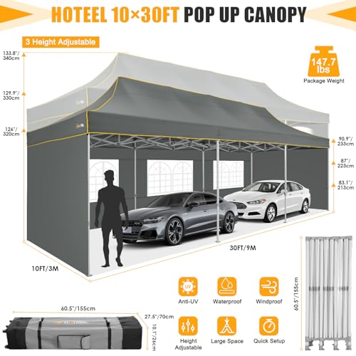 Image of HOTEEL 10x30 Heavy Duty Pop Up Canopy Tent with 5 Sidewalls&Wheeled Bag, Commercial Event Party Tent Wedding Instant Canopy Waterproof, Upgraded Thicked Hexagonal Legs, UV 50+, Gray