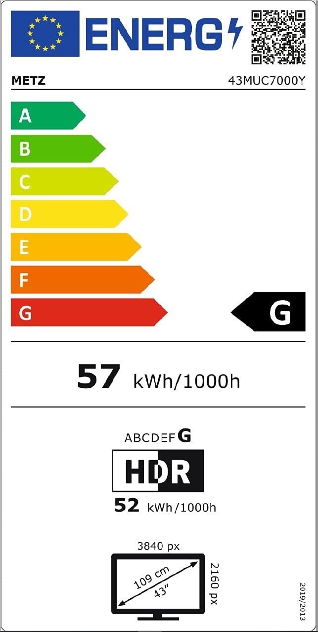 EU Energy Label for Metz 43MUC7000Y Smart TV, showing energy efficiency class G and consumption.