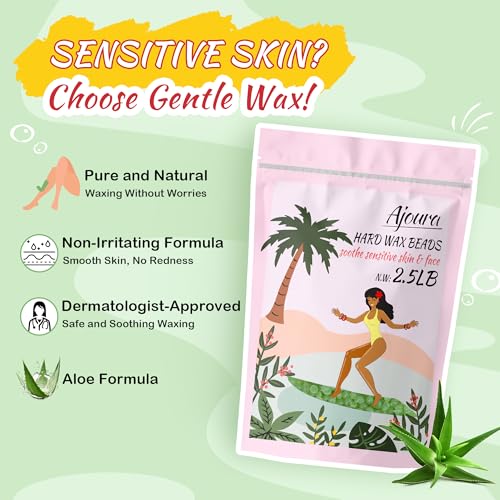 Image of Ajoura 2.5LB Aloe Hard Wax Beads, Premium Wax for Sensitive Skin Hair Removal, Perfect for Full Body, Bikini, Face, Eyebrow, Back, Chest, Legs, Armpit, Big Pack Refill for Home & Salon Waxing (Green)