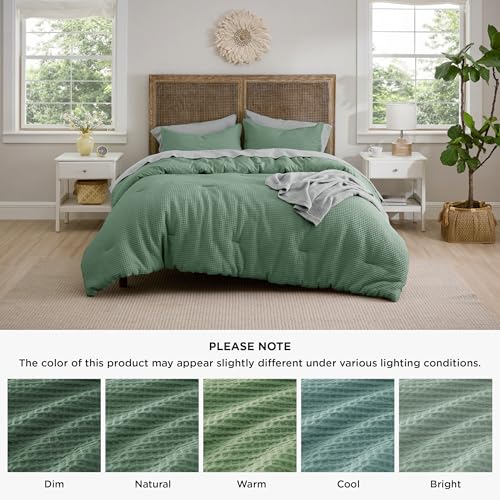 Image of Bedsure Waffle Comforter Set King, Green Soft Bedding, Waffle Weave Bed Set, 3 Pieces, 1 Comforter (104 inchx90 inch) and 2 Pillow Shams, Cotton Shell and Polyester Lining for All Seasons