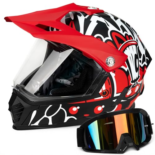 Favoto Casco Motocross Bambino con Occhiali e Visiera – Omologato ECE 22.06, Casco Cross per Dirt Bike, Offroad e Quad, Rosso-Nero M (51–52 cm)