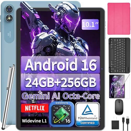 Image of 10 inch Tablet with Keyboard, 2026 Gemini AI Android 16 Tablet, 24GB+256GB+2TB Expand, Electronics Tablets with 8-Core, 8000mAh, 5G WiFi, GPS, GMS, 2 in 1 Tablet PC with Case /Mouse /Stylus(Pink Case)