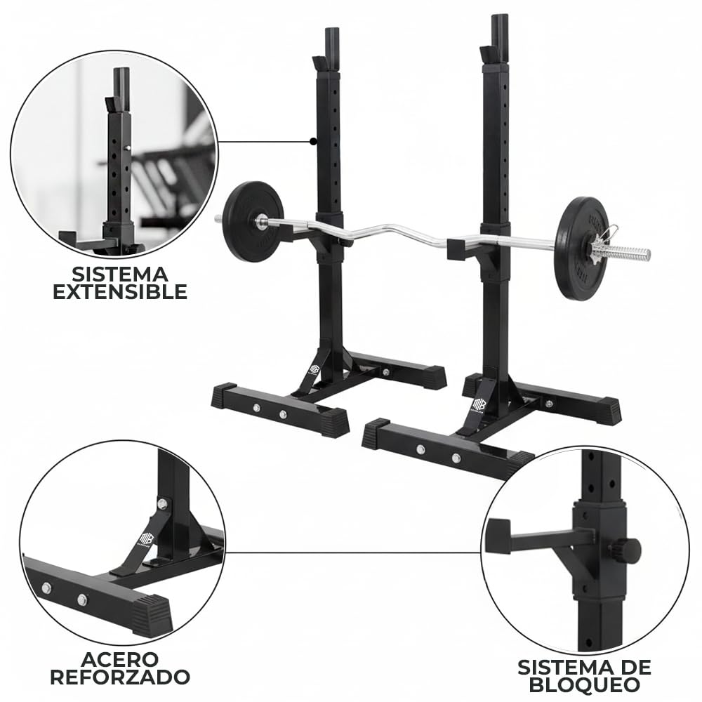 ManiBoom Soporte Barra Pesas para Sentadillas o Press Banca ESTABLE - Maquina Sentadillas Max. 300KG - Rack Musculación AJUSTABLE a 13 Alturas - Soporte Pesas Compacto para Gym en Casa