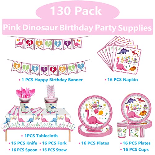 Uomnicue Pink Dinosaur Birthday Party Supplies, 130 Pack Dinosaur Birthday Party Set For Baby Girls Dinosaur Birthday Party Decorations With Banner, Tablecloth, Cups, Napkins, Plates, Cutlery, Straw #TOP1