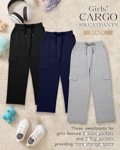 3 Pack Girls Cargo Sweatpants Kids Wide Leg High Waist Drawstring Pants Casual Baggy Athletic Trousers (Ages 5-14)3