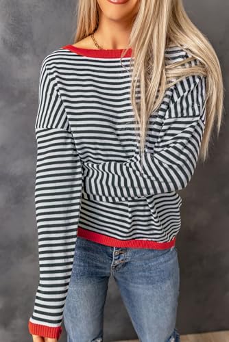 Image of Women's Striped Sweater Long Sleeve Crew Neck Ribbed Knit 2024 Fall Winter Pullover Sweater Tops