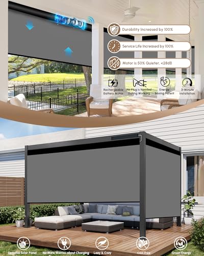Image of Kincmo Motorized Outdoor Shades for Patio Porch, Custom Outdoor Motorized Blinds with Remote, Waterproof & Windproof Patio Shades Work with Apple Home,Alexa,Google (Medium Grey-0% Openness)