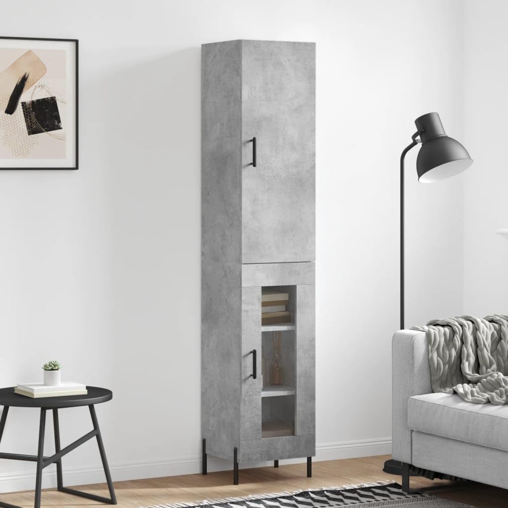 Générique Bufet wysoki szary betonowy 34,5 x 34 x 180 cm z drewnianymi drzwiami i metalowymi nogami, duża przestrzeń do przechowywania do organizacji codziennych niezbędnych rzeczy.