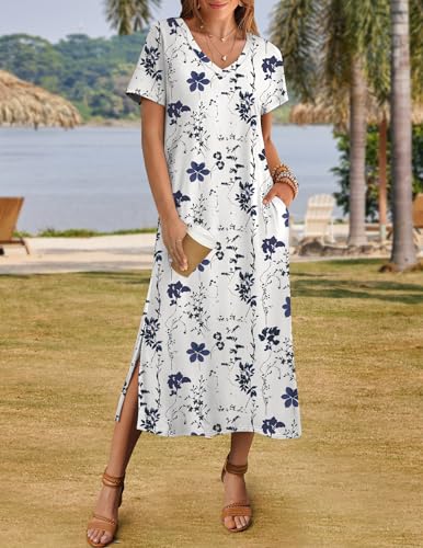 Image of Zeagoo Women Summer Floral Dress Short Sleeve Beach Dress with Pockets Casual V-Neck Split Long T-Shirt Dress Travel Vacation