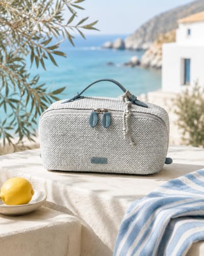 Image of EACHY Travel Makeup Bag, Woven Travel Toiletry Bag, Portable 180 Wide-Open Flat Cosmetic Bags for Women, Large Capacity Makeup Pouch with Divider and Handle