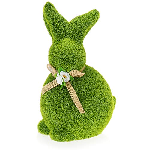 com-four® Dekofigur Osterhase mit Schleife - grüne Hasenfigur aus Keramik - mit Hasenfell aus moosähnlichem Kunstrasen - Osterdeko [Auswahl variiert] (1 x Hase-23 cm)