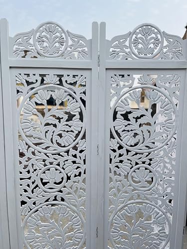 Image of Wooden Room Divider 4 Panel Foldable Privacy Screen Hand Carved Partition for Living Room Bedroom Office Decor (6 Feet 4 Panel White with Stand Each Panel Size 72X20 Inch)