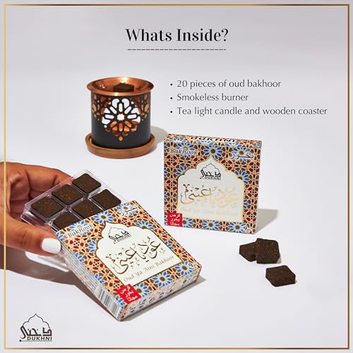 Image of Oud Ya Aini Bakhoor Set عود بخور و مبخرشمعدان by Dukhni | 2 x 9 Piece Each & Oriental Bakhoor Burner | Arabic Bakhoor Incense | Deep Amber Oud Blend | Perfect for Prayer Time | to Relax & Meditate