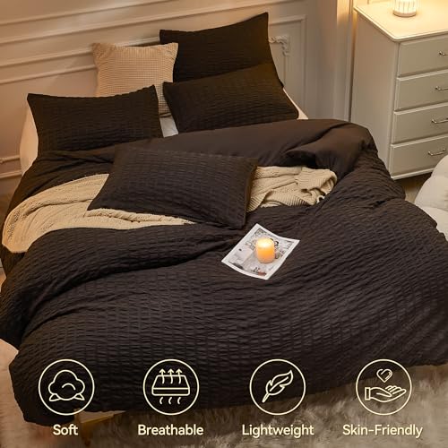Image of JELLYMONI Black Duvet Cover King Size, 3pcs Washed Microfiber Bedding Set, Soft Breathable Seersucker Duvet Cover Set with Zipper Closure and Corner Ties for All Seasons