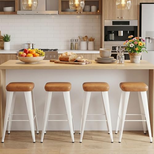 Image of Yongchuang Backless Bar Stools Set of 4, 24 inch Brown PU Leather Barstools | Modern Farmhouse Upholstered Bar Height Stools with White Metal Legs for Kitchen Island, Dining Room, Home Bar