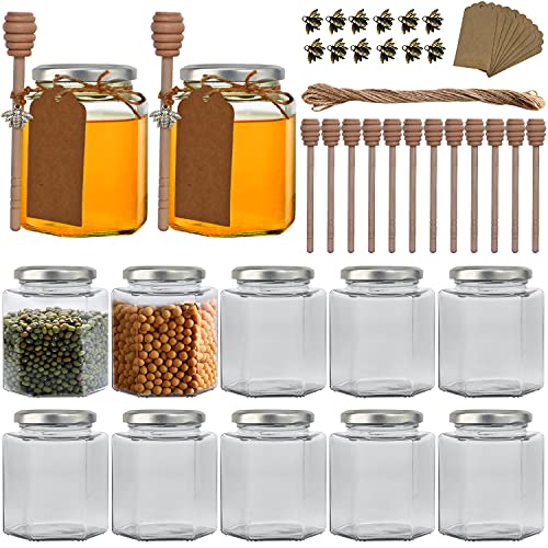 Woaiwo-q 16 oz Hexagon Glass Honey Jars, Hexagon Glass Jars with Silver Lids,Wooden Honey Sticks,Silver Bee Pendants,Big Tags,15m Jute Twine -Mason Jars for Wedding Favors,Foods.(Silver Lids,12Pcs)…
