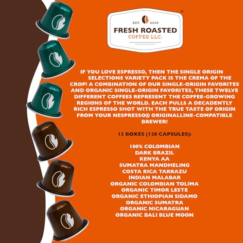 Image of Fresh Roasted Coffee, Single-Origin Espresso Selections, 12 Varieties Espresso Capsules for Nespresso OriginalLine, Kosher, 120 Recyclable Aluminum Capsules