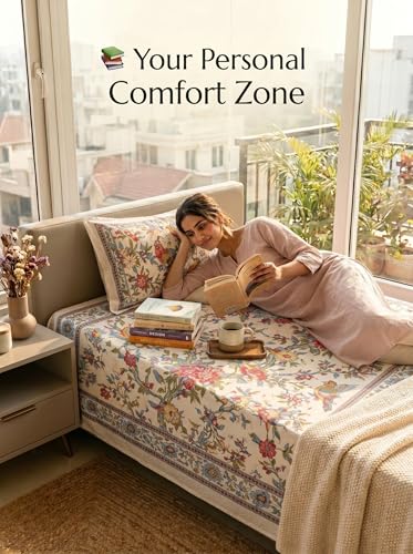 Image of Mafatlal 144 TC Heritage Single Size Bedsheet | (90x60 inches) 100% Cotton Flatsheet Twin Size with Pillow Cover| Super Soft Bed Sheet | Floral Design | Beige