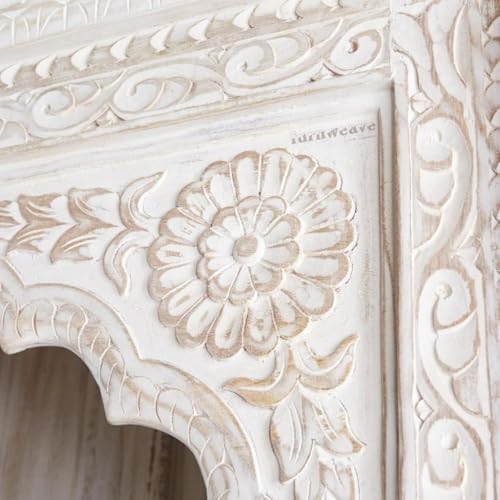 Image of Solid Wooden Book Shelf | Handcrafted Carved Display Unit Book Stand, Antique Wooden Book Shelves for Living Room, Office & Bedroom, Solid Wood Bookcase, Rustic Bookshelf, White Distress