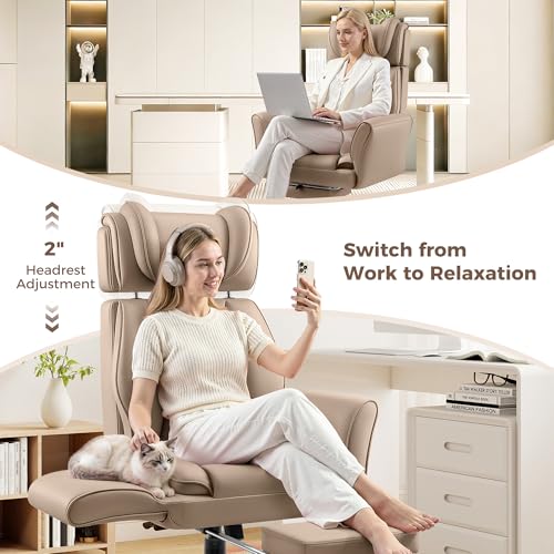 Image of Big and Tall Office Chair, Flip Armrests for Pets & Cross Legged Sitting, Ergonomic Leather Executive Desk Chair with Foot Rest, High-Back Reclining Computer Chairs for Home Office Gaming, Khaki