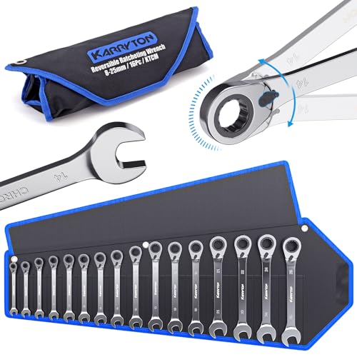 Image of 16-piece Reversible Ratcheting Wrench Set Metric 8-25mm, 72 Teeth Ratchet Combination Wrenches Set with Rolling Bag, Cr-V Steel, Chrome Plating Handle with Blackened Ratchet