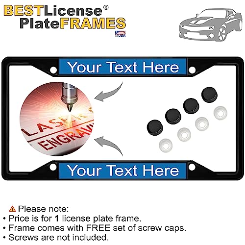 Image of Personalized with Custom Text Design - 4 Hole Black Metal Laser Engraved US Standard Size - Car License Plate Frame with Free caps - Blue /White Text (Qty: 1 Frame)