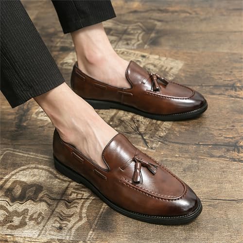 Men's Genuine Leather Slip-On Tassels Loafers Round Toe Non-Slip Lightweight Breathable Casual Dress Shoes for Business Driving Weekend Party Wedding Work4