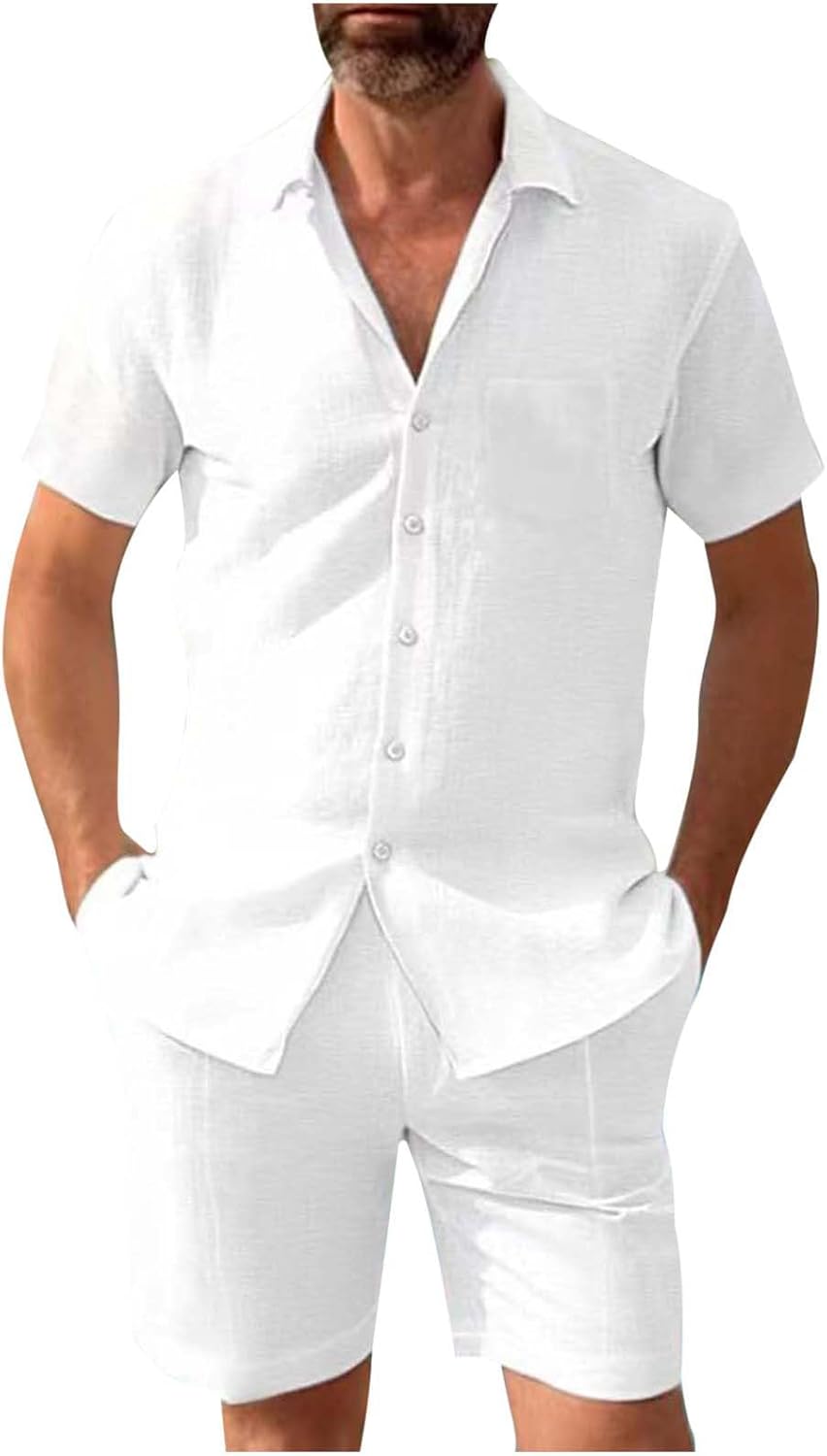 Men’s Linen Blend Activewear Set 2025 Oversized 2 Piece Casual Linen Outfit Set Beach Button Down Shirt Loose Shorts Sets