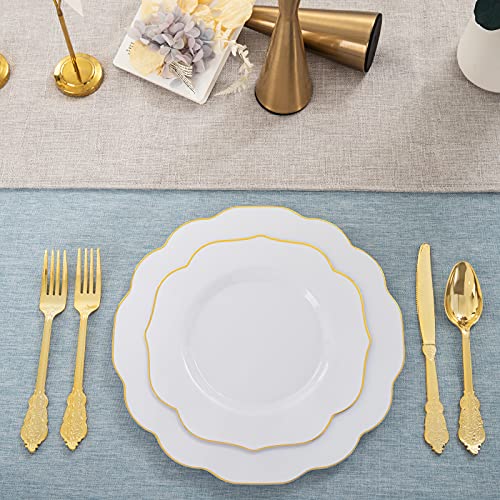 Noccur 120Pcs Gold Plastic Plates - White Plastic Plates With Gold Rim - Include 60Pcs 10.25” Dinner Plates & 60Pcs 7.5” Dessert Plates For Wedding, Shower, Birthday And Party #TOP3