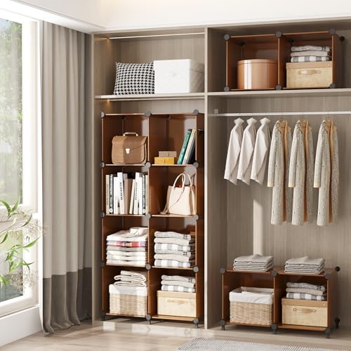 Image of AWTATOS Cube Storage Organizer, Storage Cubes Shelves Bookshelf, 6 Cube Closet Organizers and Storage, DIY Stackable Plastic Clothes Organizer Shelving for Bedroom, Home, Cocoa Brown