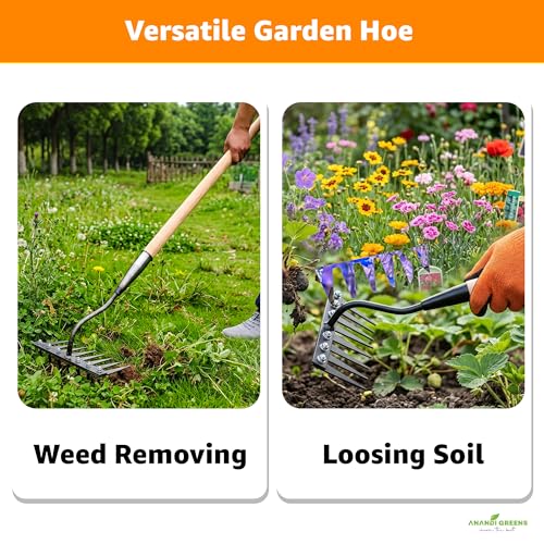 Image of Anandi Green's 8 Teeth Garden Rake Heavy Duty Carbon Steel Rake Handle for Soil Loosening, Weeding, Lawn & Yard Cleaning Multipurpose Outdoor Gardening Tool for Home Farm & Agricultural Use
