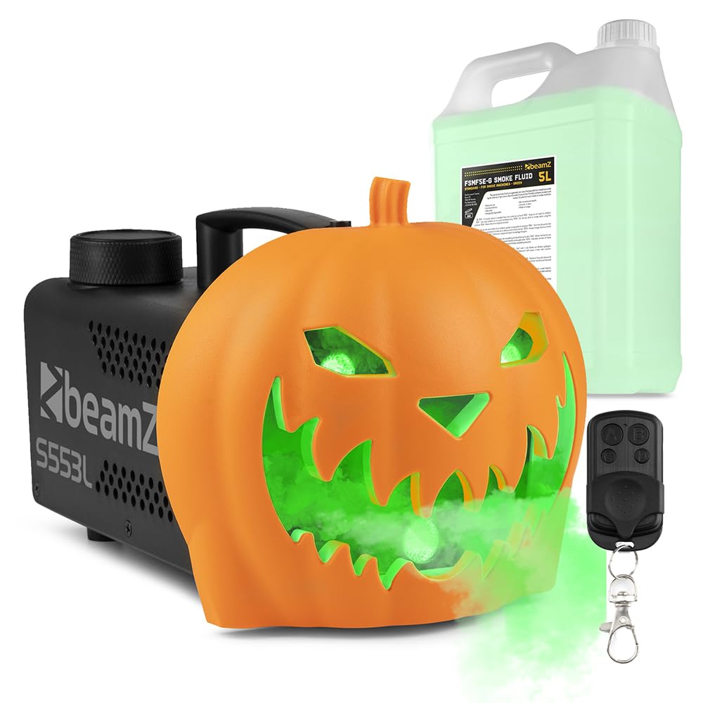 Beamz Green S553l Halloween Fog Machine, Pumpkin Smoke Machine With Rgb Led Lights, Balloon & 5L Fluid, Ideal Fogger For Party Props, Decorations & Fog For Spooky Events