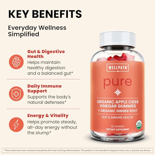 Image of WellPath Organic Apple Cider Vinegar Gummies with The Mother - USDA Organic ACV Gummies with Ginger | Gut Health, Immune Support + Body Cleanse | Apple Flavor | Vegan, Non-GMO, Made in USA, 60 Ct