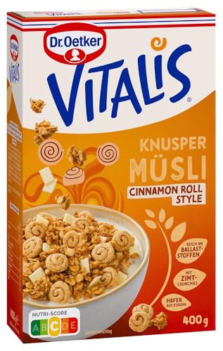 Dr. Oetker Vitalis Knusper Müsli Cinnamon Roll Style 5er Pack (5 x 400g): Vitalis Müsli mit Granola mit Zimt-Geschmack, Zimt-Crunchies und weißen Glasurplättchen