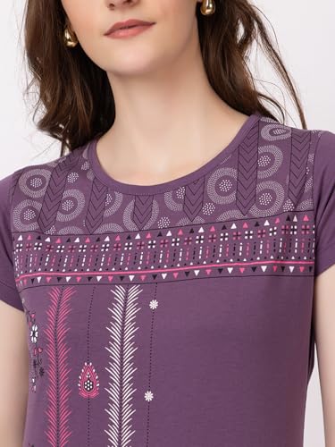 Image of Women Printed Cotton Tshirt with Side Slits & Pocket