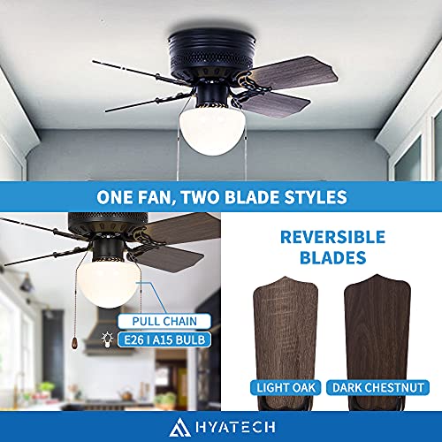 Hyatech 30 Inches Small Tiny Mini Hugger Pull Chain Indoor Ceiling Fan, Low Profile Flush Mount Reversible Blades For Living Room, Bedroom, Basement, Kitchen, Pantry, Matte Black #TOP1