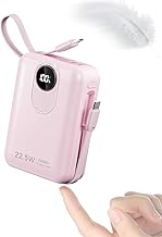 Batterie Externe 20000mAh avec Câble intégré : 22.5W Power Bank à Charge Rapide pour téléphone Portable, Batterie USB C (Input & Output), Chargeur Portable avec 4 Sorties et 2 entrées-Rose