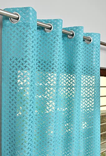 Image of Sheer Net Semi Transparent Home Decor Curtains for Living Room, Balcony Doors and Windows Panel, Parda, Eyelets Hanging, Aqua Criss-Cross, 4 x 7 Feet, Pack of 2