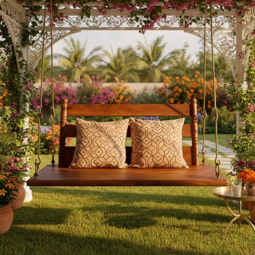 Image of APRODZ Swing for Home Reversible Sheesham Wooden Jhula for Adult for Home | Wooden Swing for Balcony | Hanging Swings with Brass Coated Chain | Patio Double Seater Indoor /Outdoor Swing, 132 x 51 cm