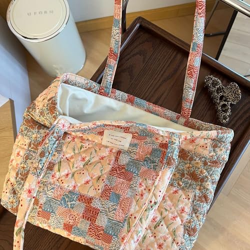 Image of Floral Quilted Cotton Shoulder Bag for Women Medium Size Handbag Large Capacity Thickened Design Tote