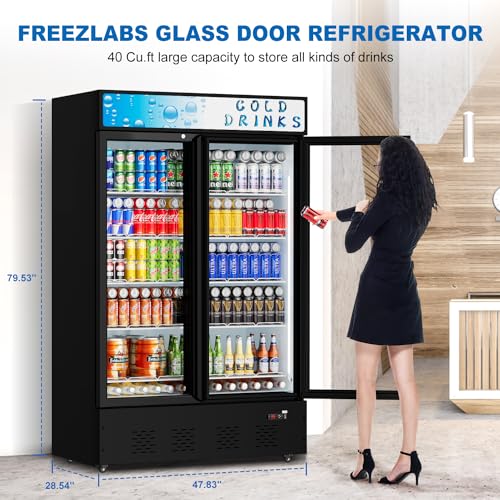 Image of Commercial Display Refrigerator Glass Door 40 cu.ft Commercial Beverage Refrigerators with LED and Shelves for Cafe, Restaurant, Store
