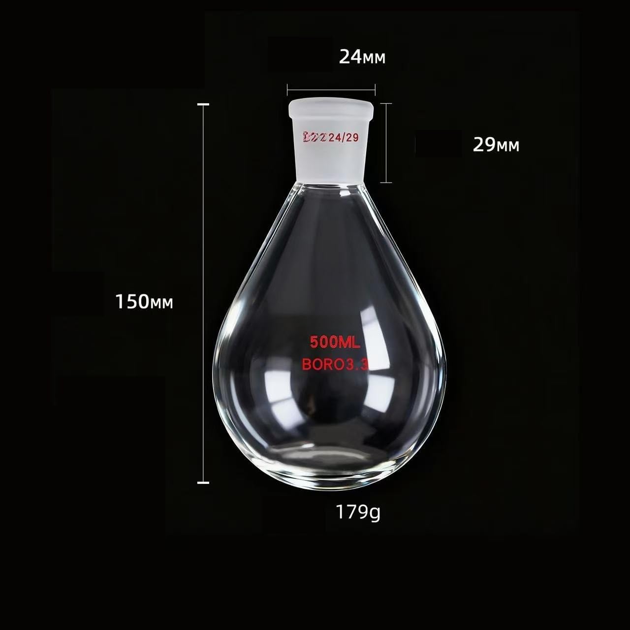 Matraz de vidrio de alto contenido en borosilicato Matraz de fondo redondo con evaporador rotatorio, junta 24/29, vidrio de borosilicato, 25-1000 ml(500ml)