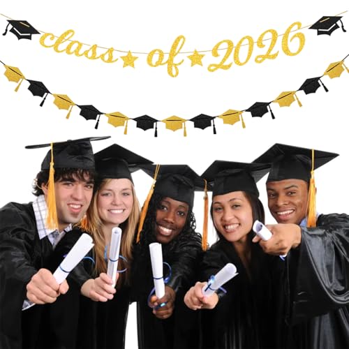 Image of Black Gold Party-Decoration Graduation Banner - 14pcs Kits Cap Garland Streamers, Paper Tissue Pom Poms Flowers Fans Honeycomb,Class Of 2026 College High School Grad Decor Hugfond