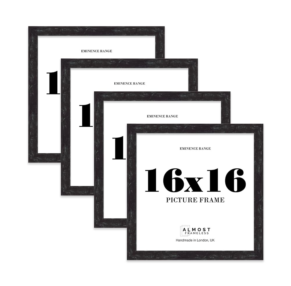 16x16" Distressed Black Picture Frame - Rustic Wood Industrial Effect Photo Frame for Wall Display, Ideal for Posters, Prints & Home Décor, Wall Hooks, 32mm Edge - 4 Pack