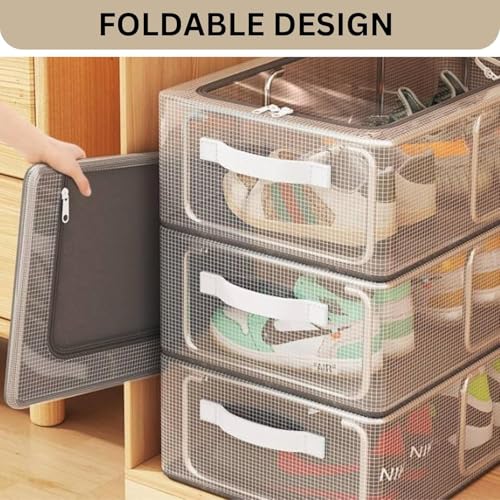 Image of NYALKARAN Shoe Rack Box Organizer Foldable Dustproof Shoe Storage with Stainless Steel Frame, Transparent Window & Zipper Stackable Under Bed Organiser (Transparent, Pack Of 1)