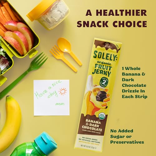 Image of SOLELY - Organic Banana Chocolate Drizzled Fruit Jerky - 1 Individually Wrapped Fruit Strip - Fruit Leather Made from Dried Fruit - Healthy Snacks for Adults & Kids - Vegan, Non GMO - 0.8oz (23g)