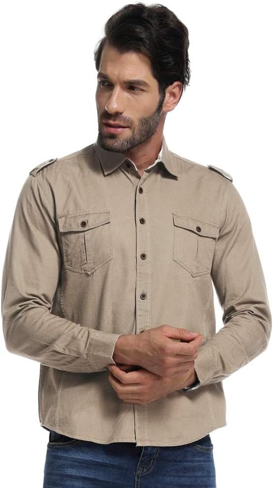 Classic Fit Men's Long Sleeve Button Down Shirt,Cotton Casual Solid Color Work & Western Shirt for Men Khaki M - Image 2