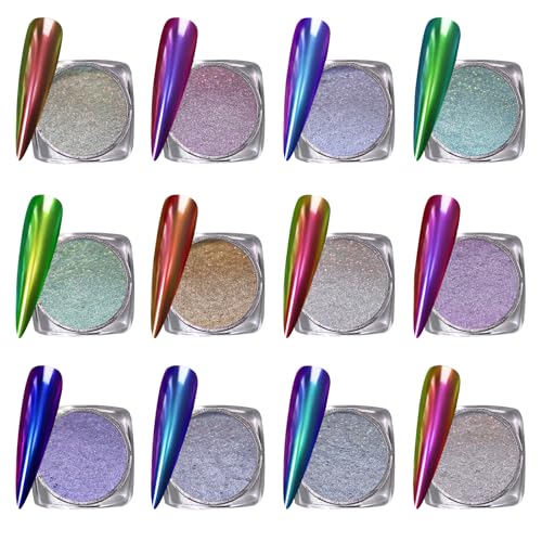 RoseFlower Poudre Chrome Ongle, 12 Couleurs Effet Miroir Holographique Aurora Chameleon Poudre à Paillettes Métalliques pour Ongles, Paillettes pour Nail Art...