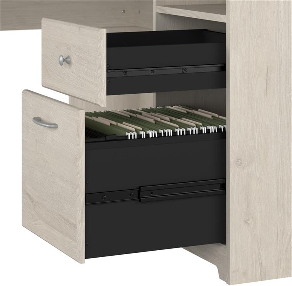 BOWERY HILL L-Shaped Computer Desk, 60W Engineered Wood, Linen White Oak Finish, Built-in USB Hub, Fluted Glass Cabinet, File Drawer, Box Drawer, Open Shelves, Home Office Corner Desk for Workspace